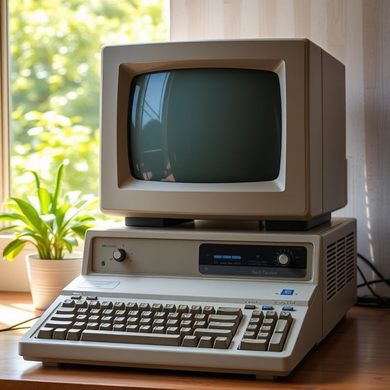 Create a high-resolution image of a vintage computer with a large monitor and keyboard using a DSLR camera with a 50mm lens, aperture set to f/2.8, ISO 100, captured from a front view, in bright natural lighting to enhance the details and textures.