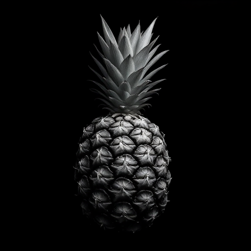 A high-resolution black and white image of a pineapple against a dark background, captured with a Canon EOS R5, 50mm lens, aperture f/1.8, ISO 100, 1/250s, in a top-down view with soft lighting to enhance texture and detail.