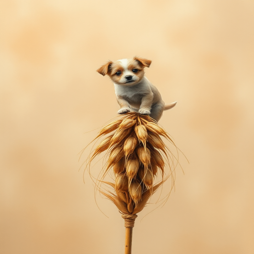 Soft, muted Alcohol Ink with ebru effect background image of tiny whimsical dog, who climbed high on the top of a golden rye ear.