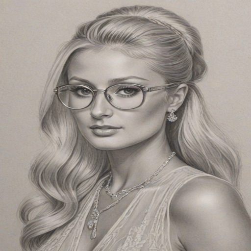 Captivating Paris Hilton, pencil sketch, portrait of Resplendent woman 1929s in glasses, hair style beatnik, outline, clear lines, fine lines, 8k