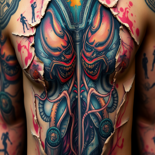 Biomechanical horror tattoo revealing grotesque alien anatomy beneath torn skin, incorporating hyperrealistic textures and vibrant colors for a truly unsettling