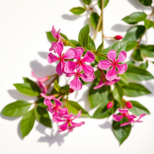 Generate a high-quality image of vibrant pink flowers with green leaves on a plain background using a DSLR camera, 50mm lens, f/2.8 aperture, ISO 100, natural lighting for soft shadows, and a shallow depth of field.