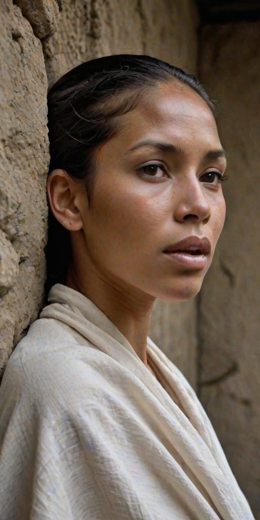 Create a close-up photographic image of a taino woman with light skin tones shown against an old, worn wall. Their head is wrapped in a white cloth covering (i.e.... parts of the head except the nose and mouth, which are open as if they are screaming...), with a slight texture and visible folds in the fabric. Thin strands of blonde hair escape from the wrapping above, falling lightly at the top and sides. Their hands hold the fabric as if they are tugging nervously. The lighting is dramatic and even, casting strong shadows. The image has a minimalist and surreal style with an emphasis on simplicity with soft color tones. The composition is centered.