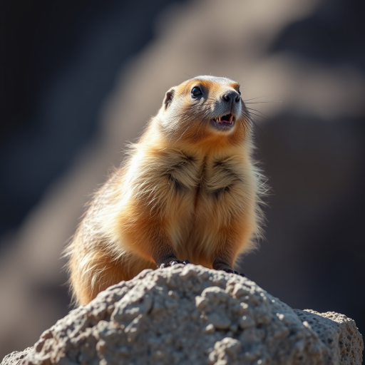Regenerate an image of a marmot sitting on a rock with a blurred background, captured using a DSLR camera at f/2.8 aperture, ISO 200, 1/500 sec shutter speed, with a 200mm lens from a slightly low angle in natural sunlight for enhanced clarity and detail.