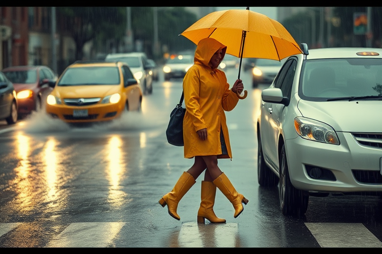 Rain-soaked city street, cars passing by and splashing water, a woman in a bright yellow raincoat and boots hurries across the road, her umbrella barely protecting her from the downpour.
