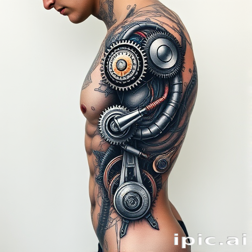 Biomechanical tattoo titled "Cyber Fusion" merging hyper-realistic mechanical components with organic forms seamlessly blending gears wires and circuitry with human anatomy in a futuristic and visually striking manner