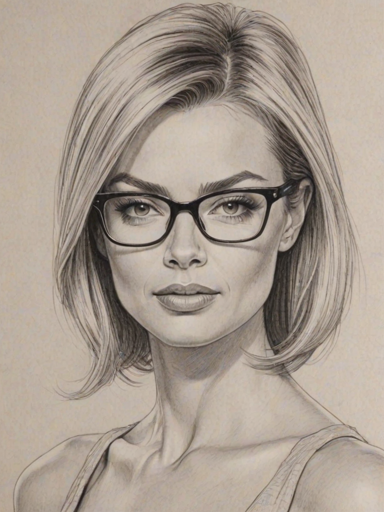 Graceful Jaime Pressly, pencil sketch, portrait of Bewitching woman 1962s in glasses, hair style beatnik, outline, clear lines, fine lines, 8k