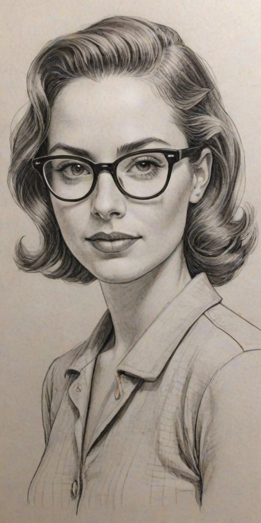 Delightful Jordana Spiro, pencil sketch, portrait of Comely woman 1947s in glasses, hair style beatnik, outline, clear lines, fine lines, 8k