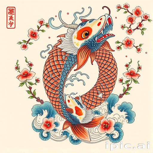 Japanese-inspired irezumi tattoo named "Koi Ascension" featuring a vibrant koi fish transforming into a majestic dragon, surrounded by cherry blossoms and turbulent waves, utilizing traditional techniques and symbolism with a modern color palette, suitable for a full sleeve or back piece