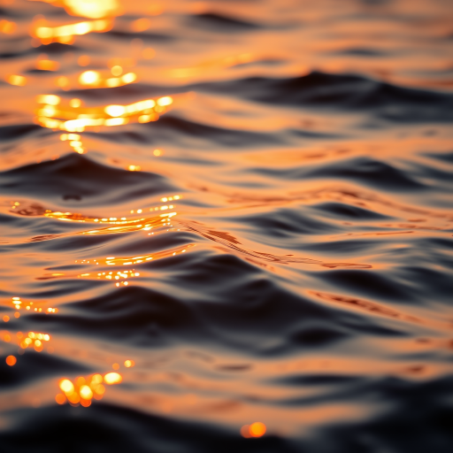 capture the shimmering surface of water at sunset, emphasize the reflections and ripples, use a Canon EOS R5 with a 50mm lens, aperture f/1.8, shutter speed 1/200s, ISO 100, shallow depth of field, golden hour lighting, focus on water textures