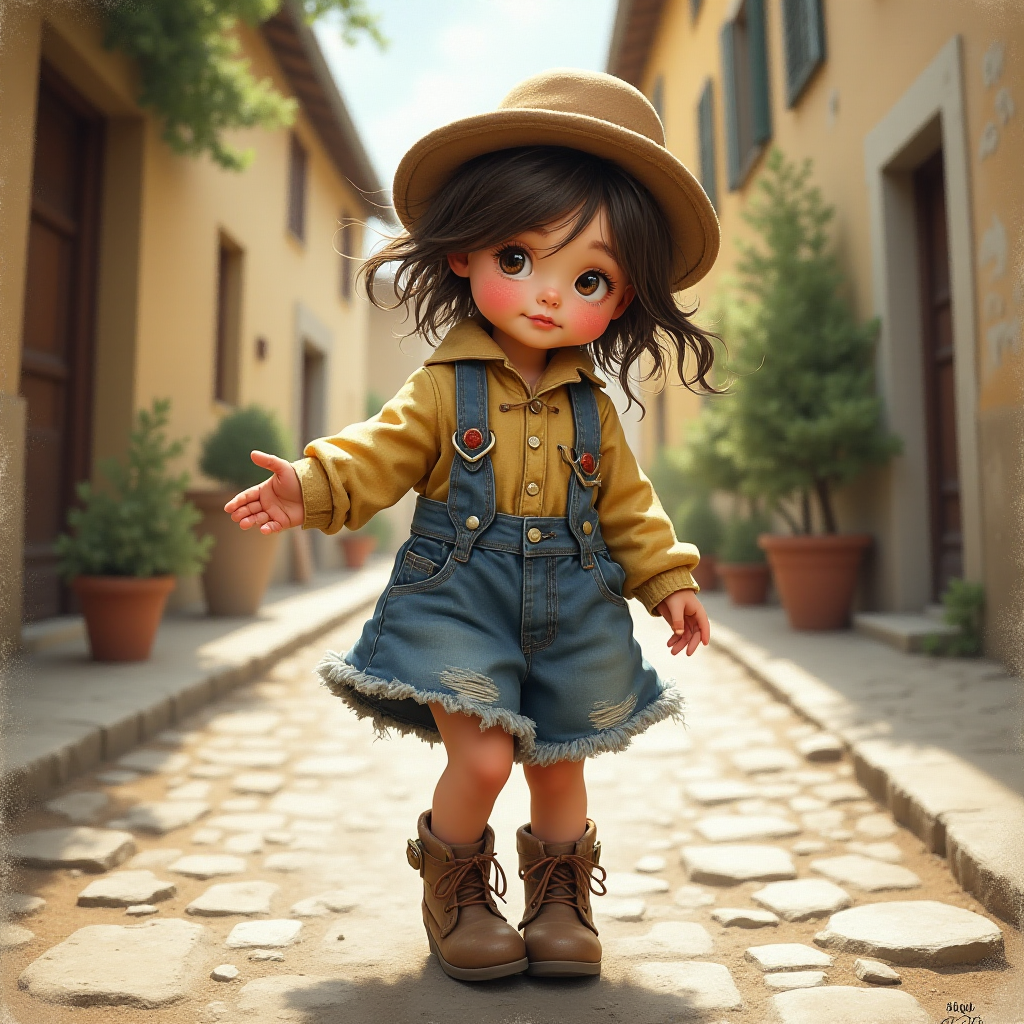 Whimsical little 3-year-old girl wearing scruffy tomboy clothes, boots, messy hair heavily blushed cheeks, pink lips, closely dancing in the street of an Italian village,Textured painterly fantasy artistic mixed media