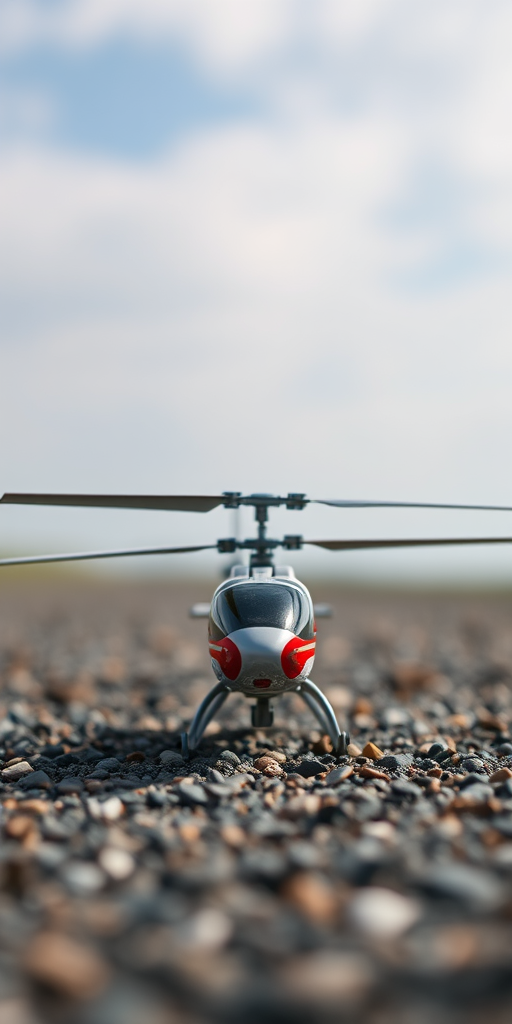 helicopter model on gravel, low angle view, soft focus background, aperture f/2.8, ISO 100, shutter speed 1/500, natural daylight, DSLR camera, 50mm lens