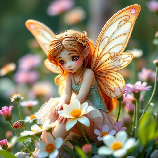 Generate a detailed illustration of a whimsical fairy with delicate wings, surrounded by flowers, captured with a DSLR camera at f/2.8 aperture, ISO 100, 50mm lens, in soft natural lighting, with a shallow depth of field to enhance the vibrant colors and intricate details.