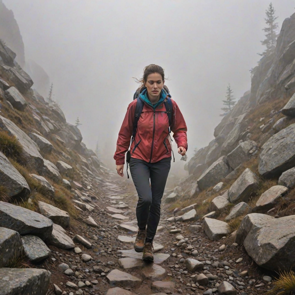 Foggy mountain trail, with dense mist obscuring the peak, a woman in hiking boots and a windbreaker navigates the rocky path, her determination evident in her focused expression.