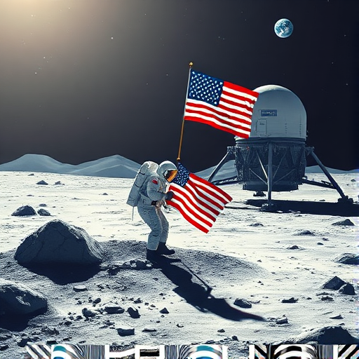 A detailed illustration of an astronaut planting an American flag on the lunar surface with the lunar module in the background, captured in high resolution using a Canon EOS R5, 50mm lens, f/1.8 aperture, ISO 100, in a bright daylight setting to enhance contrast and clarity.