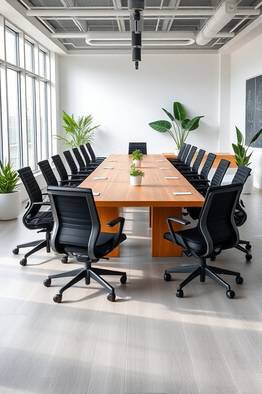 Create a high-resolution image of a modern conference room with a long wooden table surrounded by black ergonomic chairs, large windows letting in natural light, potted plants on the table and corners, and minimalist decor; use a Canon EOS R5 with a 24mm f/1.4 lens, aperture set to f/2.8, ISO 200, and a shutter speed of 1/60s, shot in a wide-angle view to capture the spaciousness and ambiance of the room.
