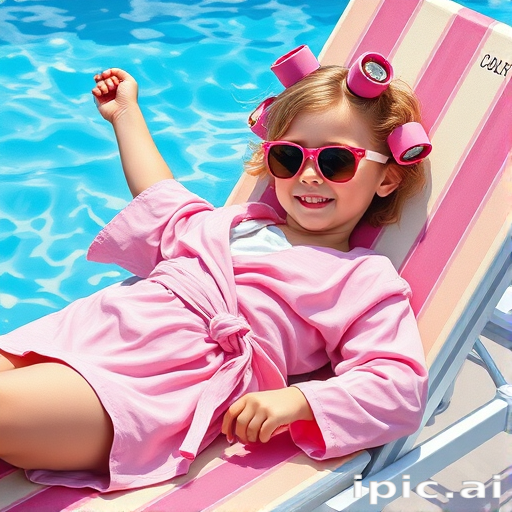 oil painting of a cute girl 4 years old, full body view, pink robe, hair curlers, sunglasses, lying on a deck chair by the pool