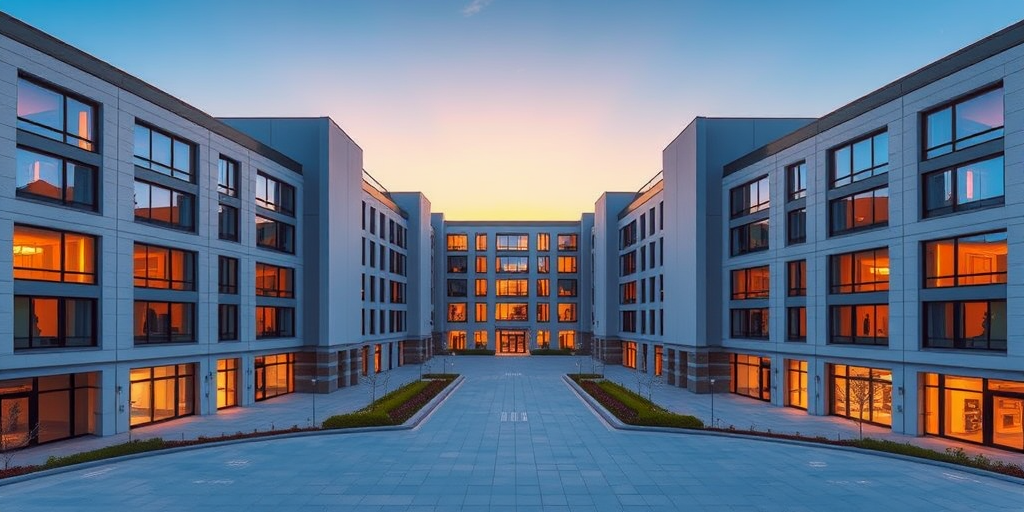 Create a high-resolution architectural rendering of a modern building complex with symmetrical facades and large windows, captured at sunrise with a wide-angle lens, f/11 aperture, ISO 100, 24mm focal length, using a DSLR camera in landscape orientation.