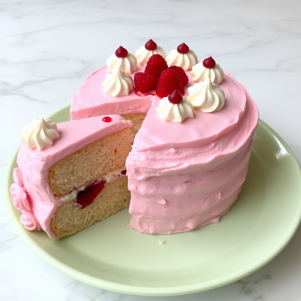 Create an image of a beautifully decorated pink cake with cream frosting and raspberry filling. The cake should have a fluffy texture and be topped with swirls of whipped cream and small dollops of raspberry sauce. It is placed on a pastel green plate and a slice has been removed to show the layers inside. The background should be a light marble surface.