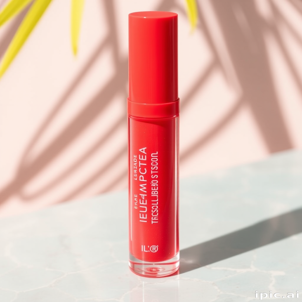 Vibrant coral sunset lip stain "Tropical Breeze" with glossy finish and subtle shimmer, perfect for beachwear and summer evenings, long-lasting and hydrating formula