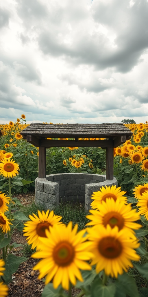 A rustic well surrounded by a vibrant field of sunflowers under a cloudy sky, captured with a Canon EOS R5, 50mm lens, f/1.8, ISO 100, shutter speed 1/200s, shot from a low angle to emphasize the flowers in the foreground and the well in the background, using soft focus for a dreamy effect.