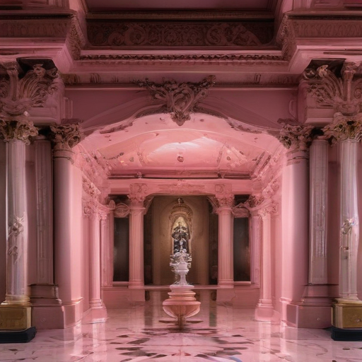 Elegant Pink Interior with Majestic Columns and Central Fountain Display