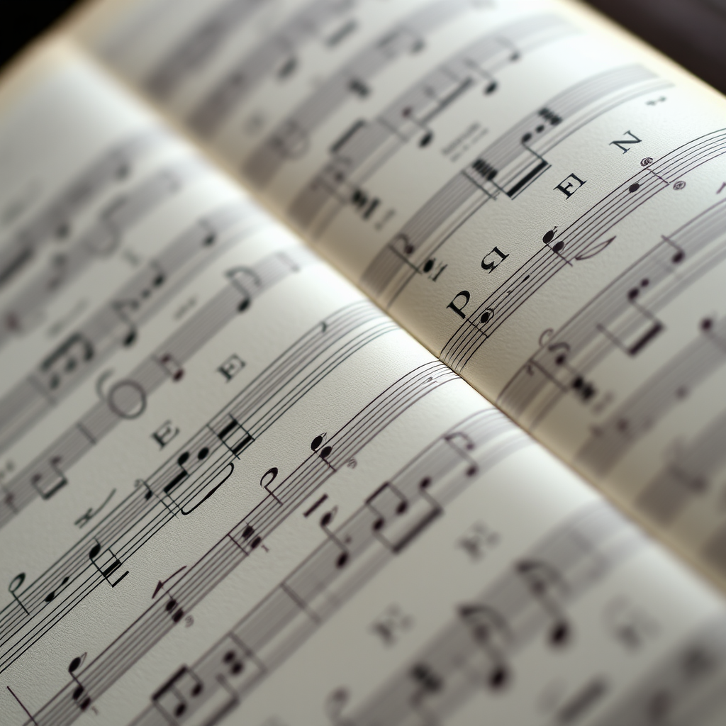 Close-up shot of an open music sheet with intricate notes, natural soft lighting, f/2.8 aperture, 50mm lens, ISO 200, shallow depth of field, DSLR camera, macro view.
