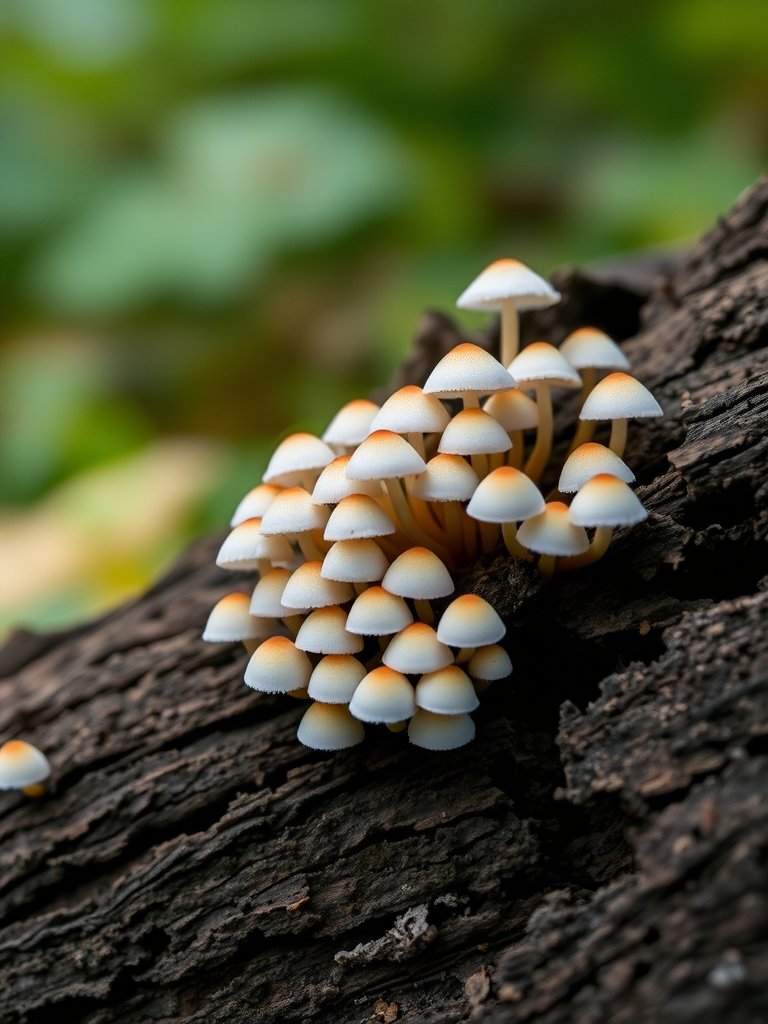 Regenerate an image of clusters of small white mushrooms growing on decaying wood, using a macro lens, at f/2.8 for a shallow depth of field, ISO 200 for lower noise, and a shutter speed of 1/60s, with natural lighting to highlight textures.