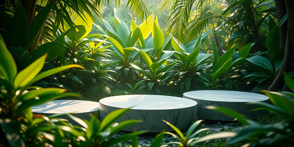 Create a serene jungle scene with three marble platforms surrounded by lush green foliage and soft, diffused sunlight filtering through the leaves, using a DSLR camera with a 50mm lens, aperture set to f/1.8, shutter speed 1/200s, ISO 100, in a macro view for enhanced detail and depth of field.