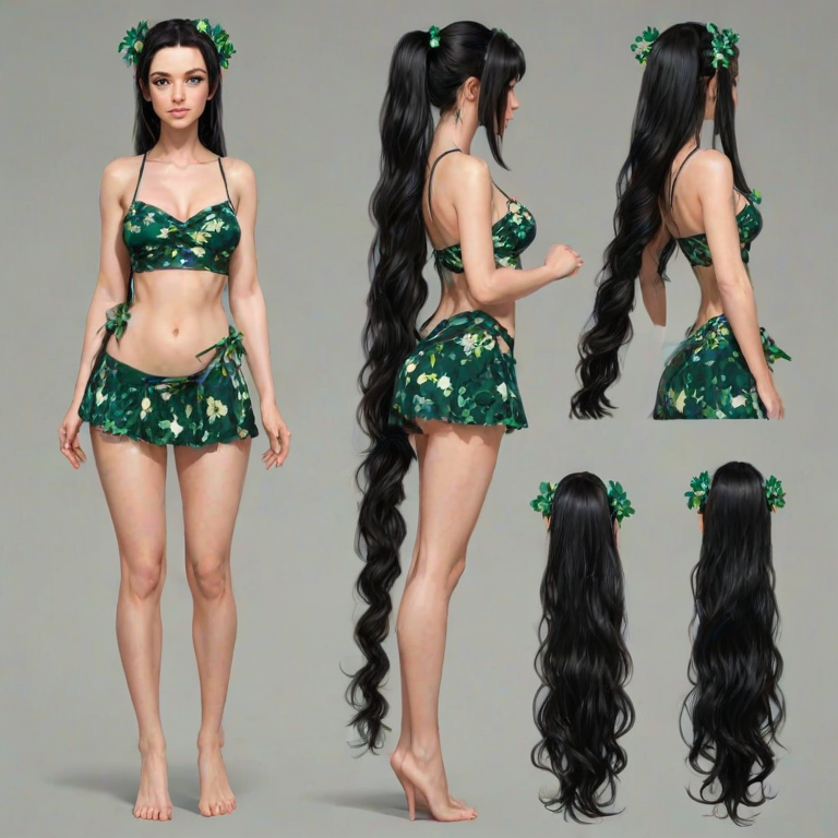 front view, side view, back view, multiple views, reference sheet, full body, andrea_sussman, black hair, green eyes, hair ornament, hair flower, long hair, ponytail, 1girl