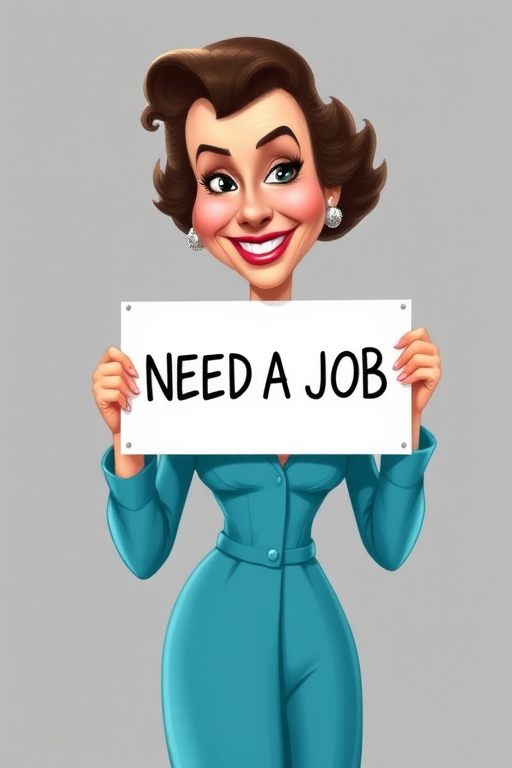 caricature of a smiling Vivien Leigh in a Cerulean dress or suit, holding up a sign that says "NEED A JOB", no watermark,
