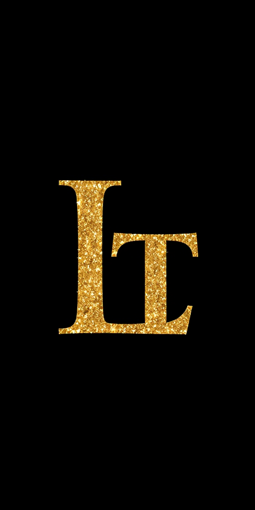 Create an elegant gold glitter text logo featuring the letters "L" and "T" on a solid black background, captured with a Canon EOS R, 50mm lens, f/1.8 aperture, ISO 100, natural lighting, shallow depth of field for enhanced detail and richness.