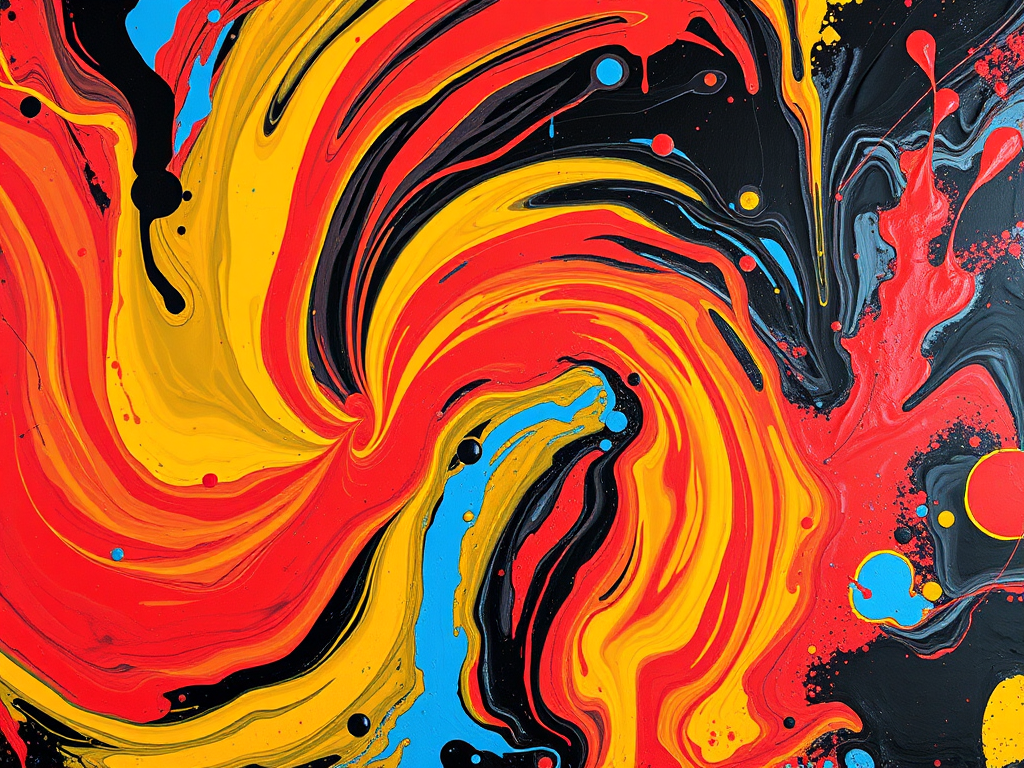 Create a high-resolution abstract painting featuring swirling colors of red, yellow, blue, and black with vibrant splashes and a dynamic composition; use a Canon EOS R5 with a 24-70mm f/2.8 lens at ISO 100, aperture f/8, and a shutter speed of 1/60s, capturing a slightly upward angle for depth and texture enhancement.