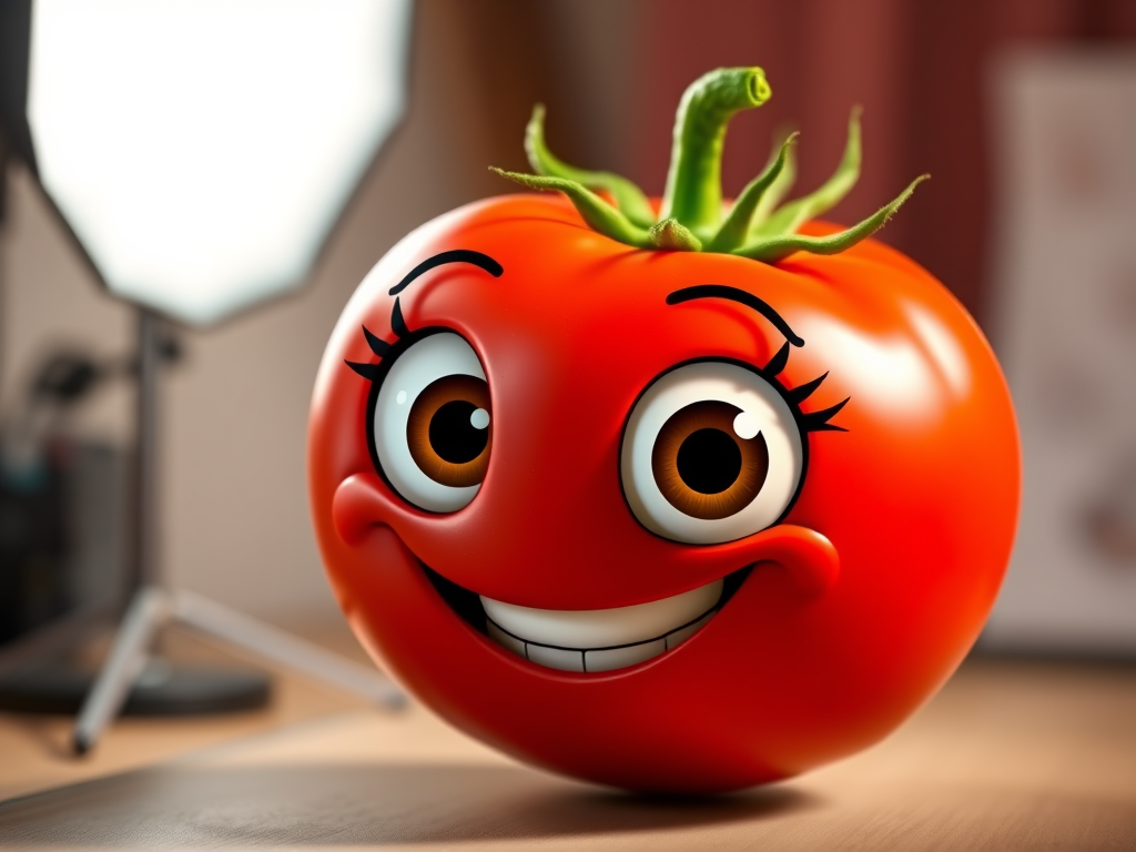 Create a vibrant cartoon-style image of a smiling tomato with big expressive eyes and a green stem, using a DSLR camera with a 50mm lens, f/1.8 aperture, ISO 100, in a well-lit studio with softbox lighting to enhance colors and details.