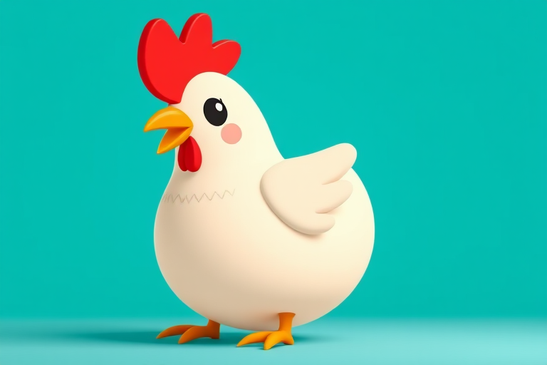 Create a cartoon-style image of a cute chicken character with a rounded egg body, small wings, an orange beak, and a bright red comb, set against a solid teal background, using a Canon EOS R5 with a 50mm lens, f/1.8 aperture, 1/200 sec shutter speed, and ISO 100 for vibrant colors and sharp details.