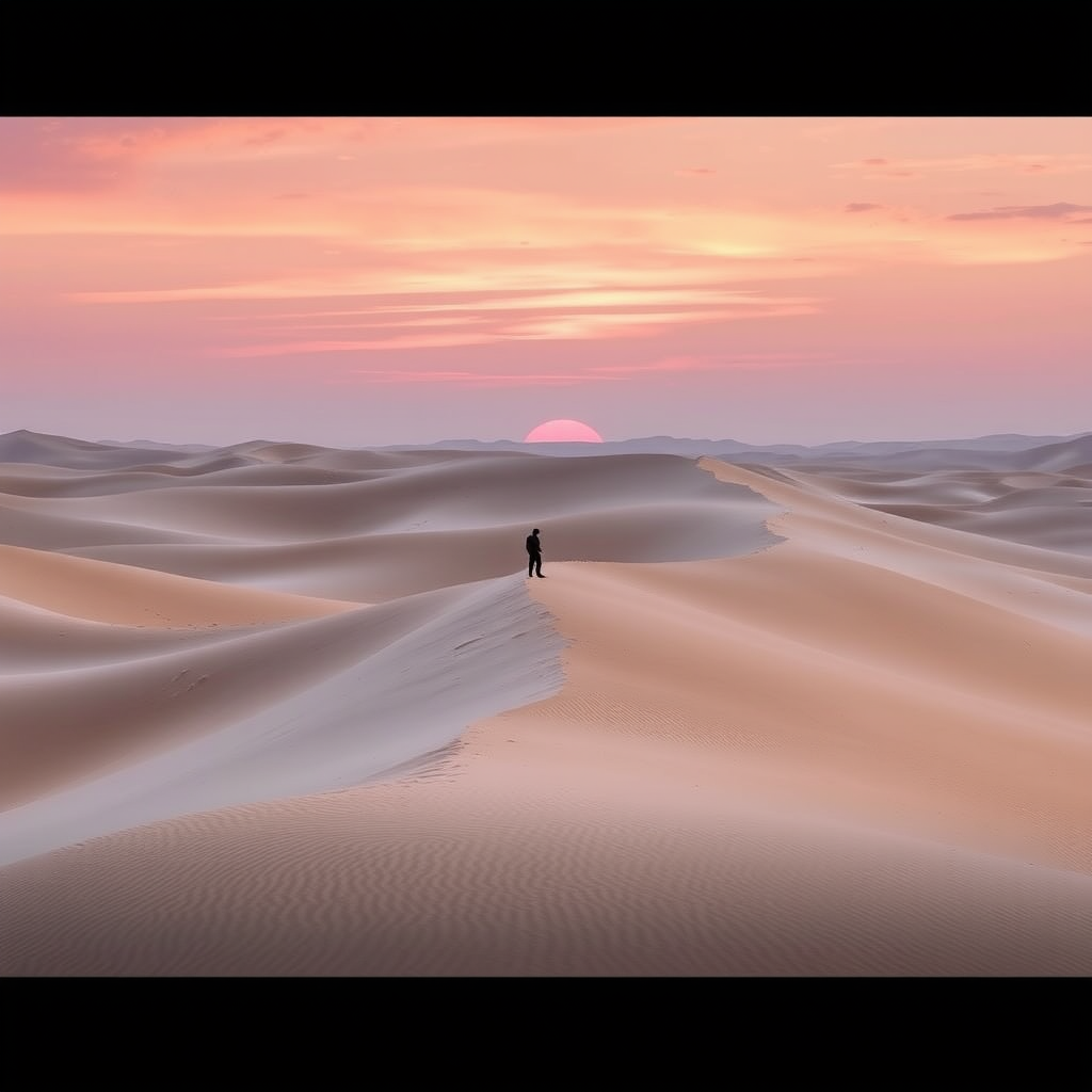 Wind-swept desert dunes, with a solitary figure walking along the crest, the sky turning shades of pink and purple as the sun sets.