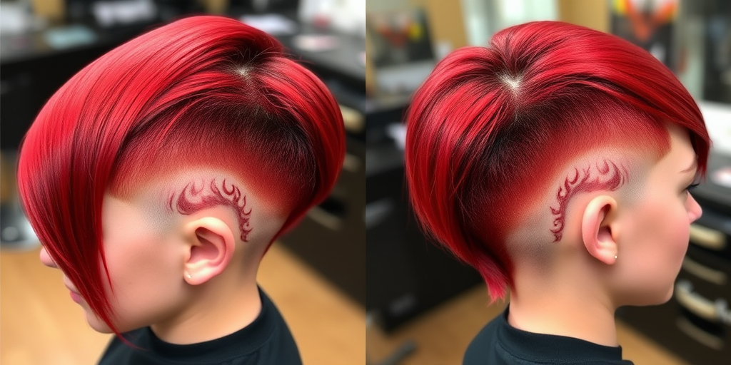 Bold crimson undercut called Scarlet Blaze combining sleek straight lengths on top with closely cropped sides and nape revealing intricate flame-inspired designs shaved into the shorter areas