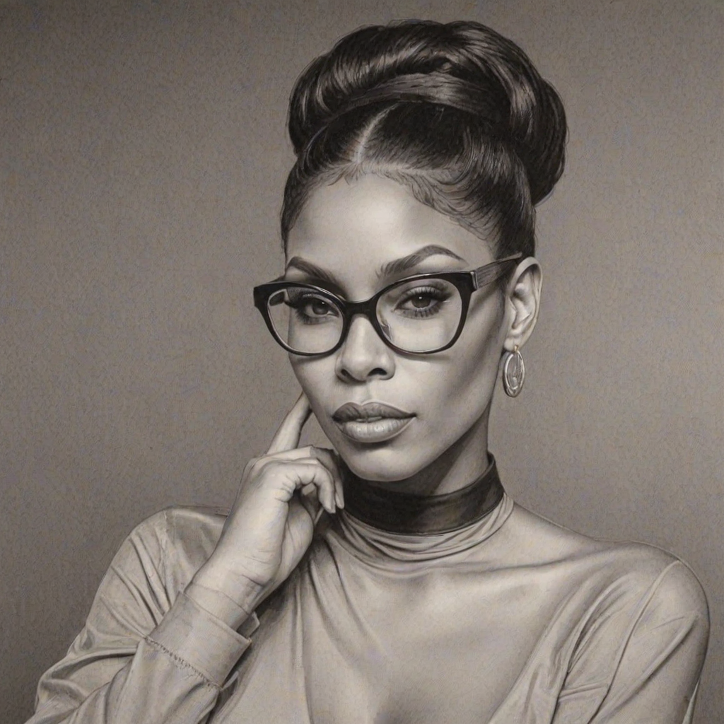Superb Adina Howard, pencil sketch, portrait of Stunning woman 1964s in glasses, hair style beatnik, outline, clear lines, fine lines, 8k