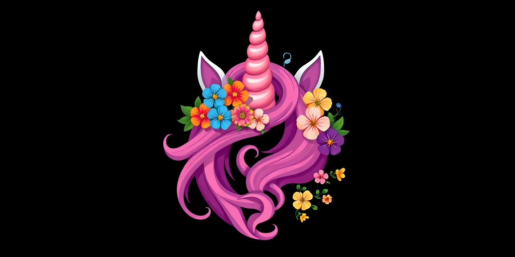 Create a whimsical illustration of a unicorn head featuring a vibrant pink spiral horn, adorned with colorful flowers, set against a simple black background, captured with a DSLR camera at f/4 aperture, 50mm lens, ISO 100, in vibrant color mode, focus on sharp details and soft bokeh effect.