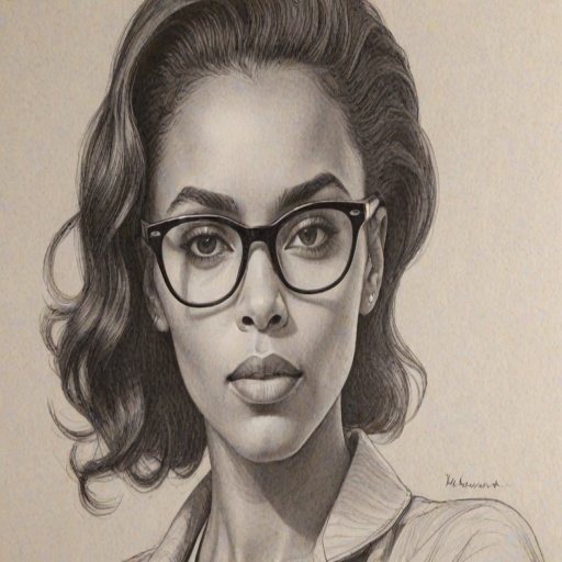 Captivating Marsha Thomason, pencil sketch, portrait of Stunning woman 1955s in glasses, hair style beatnik, outline, clear lines, fine lines, 8k