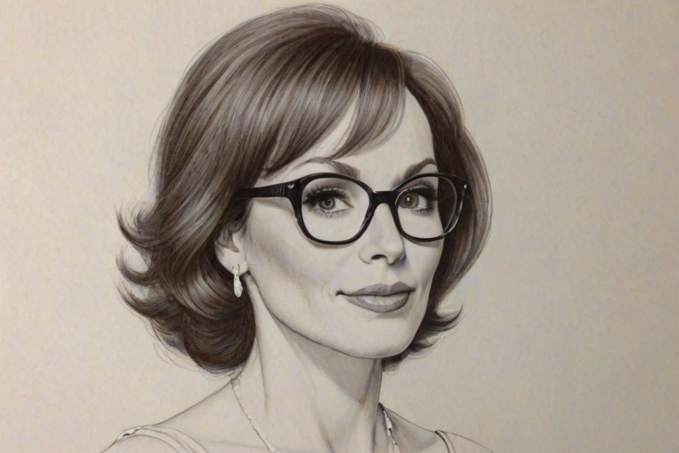 Wonderful Marilu Henner, pencil sketch, portrait of Splendid woman 1957s in glasses, hair style beatnik, outline, clear lines, fine lines, 8k