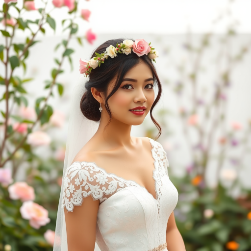 garden scene, Filipina bridal model, delicate lace gown, floral headpiece, soft romantic focus, high-key lighting and an 85mm lens for soft, even tones that highlight the model’s face and bright outfit against a white or light background