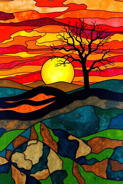 A vibrant abstract painting on Tiffany Glass, blending acrylic and alcohol ink techniques, captures a dramatic sunset over rolling hills. The artwork features a textured, rocky foreground in green and brown, layered abstract hills, and a striking sunset in rich oranges, yellows, and reds. A solitary black tree with intricate branches contrasts against the fiery sky, creating a dynamic and expressive portrayal of a breathtaking natural scene.