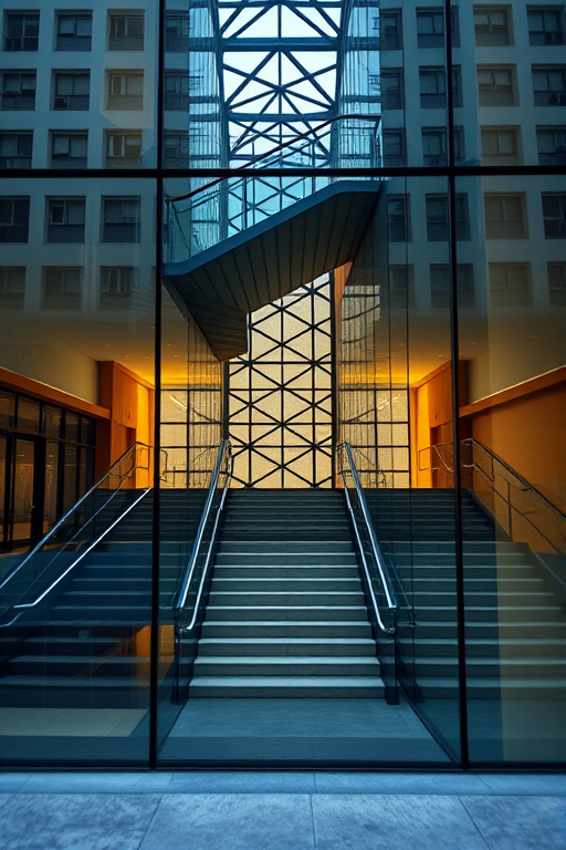 Capture a modern building's staircase reflected in glass windows with a focus on geometric patterns, use a Canon EOS R5, ISO 100, f/8, 1/200s, shot from a low angle with a wide-angle lens, emphasizing clarity and detail.