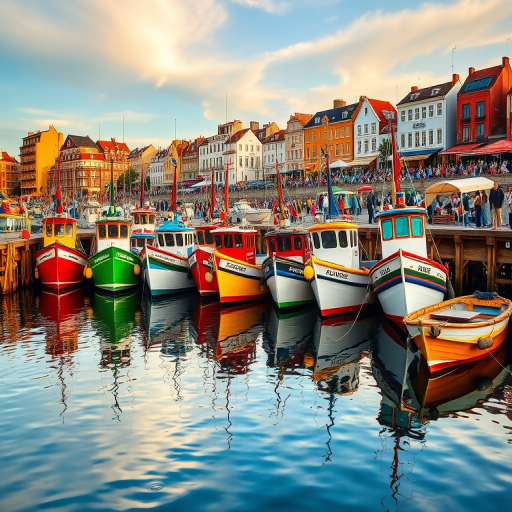 Capture a vibrant coastal harbor scene with colorful fishing boats moored along a wooden pier, reflecting in the water with a backdrop of charming buildings and a bustling crowd, using a DSLR camera with a 24-70mm lens, aperture f/8, shutter speed 1/250s, ISO 200, shot during golden hour for enhanced lighting and detail.