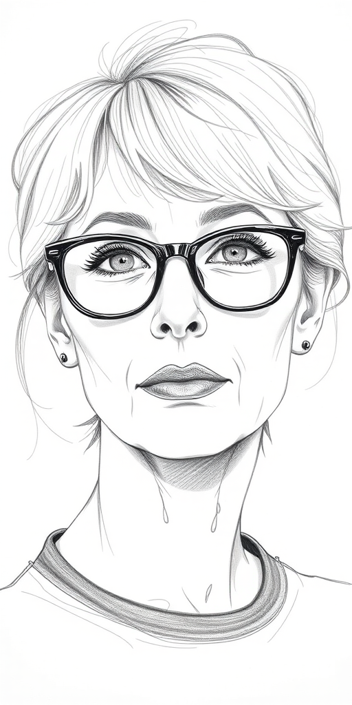 Beautiful Helen Mirren, pencil sketch, portrait of beautiful woman 60s in glasses, hair style beatnik, outline, clear lines, fine lines, 8k