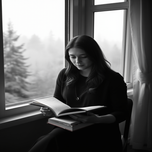 portrait of a woman writing in a book by a window with a misty forest view, soft natural light, focus on the subject with a shallow depth of field, camera settings: f/2.8, ISO 100, shutter speed 1/125s, DSLR camera, 50mm lens, black and white style