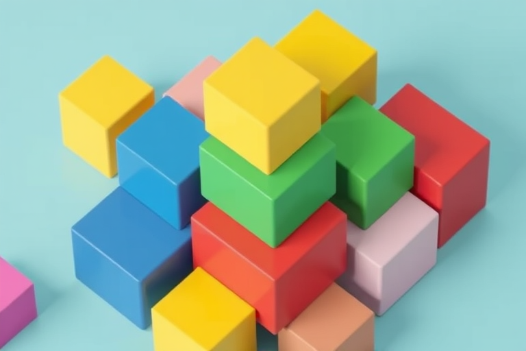 Generate a colorful 3D rendering of stacked blocks in various vibrant colors including blue, yellow, red, green, and pink, with a focus on smooth surfaces and sharp edges, using a DSLR camera at f/2.8 aperture, ISO 100, and a 50mm lens for a shallow depth of field, in a top-down view with soft natural lighting to enhance details and shadows.