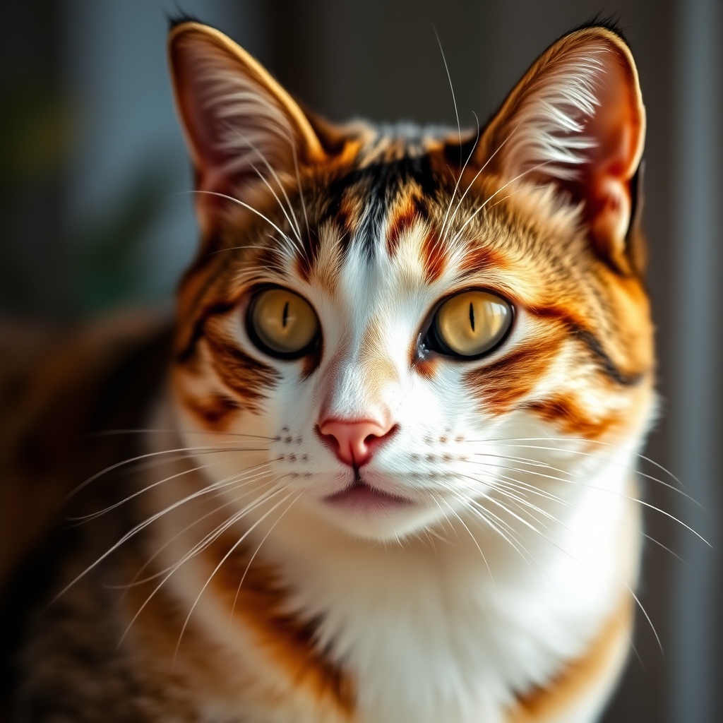 high-resolution portrait of a cat with sharp focus, soft background blur, natural lighting, 50mm lens, f/2.8 aperture, ISO 200, taken with a DSLR camera