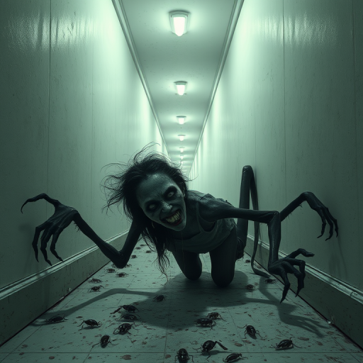 a crooked female with long arms and a creepy smile is crawling along a long white corridor and you can also see cockroaches in it there is a creepy atmosphere creepy art style